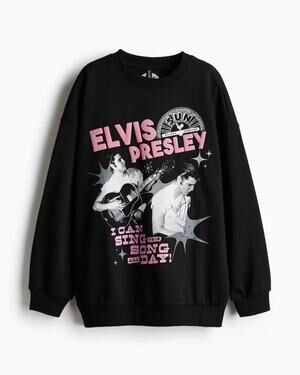 H&M Elvis Presley Sun Records Oversized Black Graphic Sweatshirt Size S The King